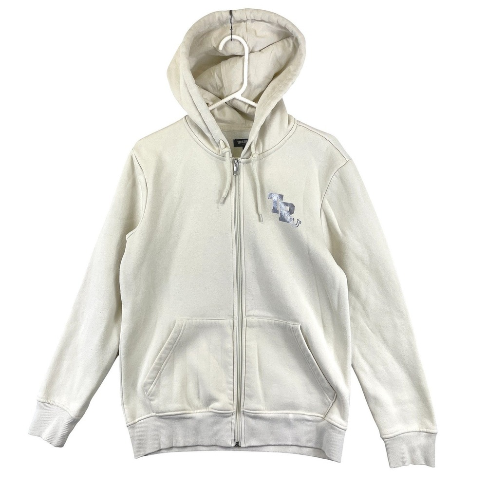 True Religion Buddha Graphic Full Zip Hoodie Mens S Cream Streetwear Y2K
